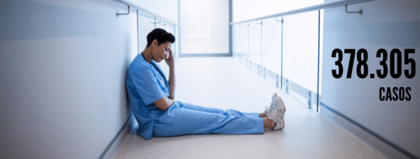 Profissional da saúde sentado no chão, em um corredor de hospital
Número 378..305 casos.