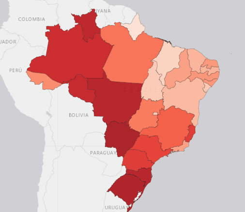 O mapa ilustra as informações de Prevalência de Notificações – CAT, considerando o número de vínculos existentes no último dia do ano, conforme a mais recente Relação Anual de Informações Sociais divulgada. A variação de cores, do branco ao vermelho escuro, destaca os estados com menor e maior taxa de prevalência, respectivamente.