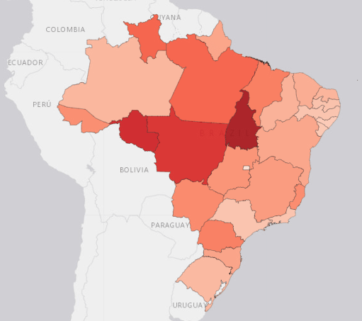 O mapa apresenta os dados referentes à Mortalidade no Trabalho (Acidentes de Trabalho com Morte – CAT), considerando o número de vínculos no último dia do ano, conforme a última Relação Anual de Informações Sociais. A escala de cores, que varia do branco ao vermelho escuro, evidencia os estados com menor e maior incidência, respectivamente.